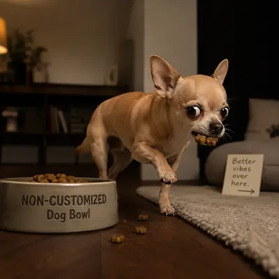 A white color Chihuahua puppy dog carries a piece of kibble away from its food bowl before eating in a quiet corner of the room. The small dog follows its natural instinct to enjoy its meal in a safe and comfortable spot, while a modern dog bowl remains nearby.