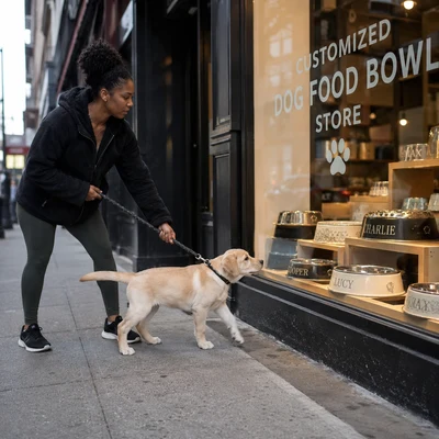 Labrador puppy dog stopping in front of a customized dog food bowl store during a walk with its owner. The puppy stares at a beautiful personalized dog bowl displayed in the shop window and refuses to leave, while its owner gently pulls on the leash. The storefront showcases several premium custom dog bowls, capturing the puppy's excitement and curiosity.