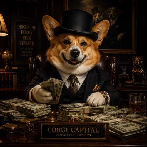 A wealthy corgi dog boss sitting at a desk in a dimly lit office, wearing a capitalist-style top hat and suit, counting stacks of cash. The scene shows a luxurious and powerful atmosphere with money spread across the table, creating a cinematic rich business portrait.