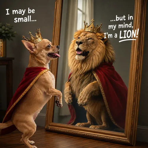 A proud Chihuahua happily looks into a mirror, seeing itself as a majestic lion in a funny dog portrait.
