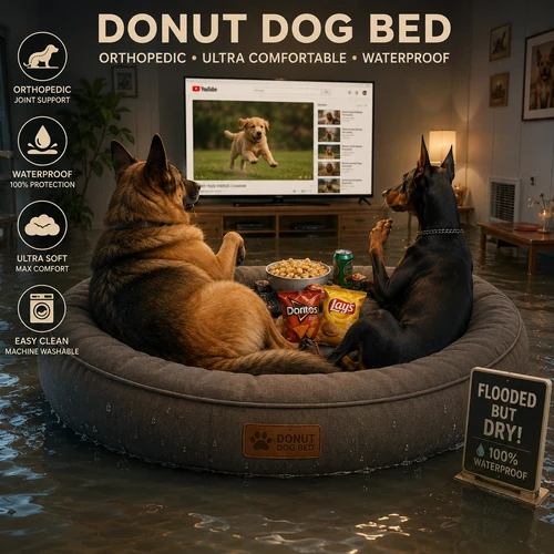 Fat German Shepherd and skinny Doberman watching YouTube on a waterproof orthopedic donut dog bed in a flooded home, cozy and comfortable.