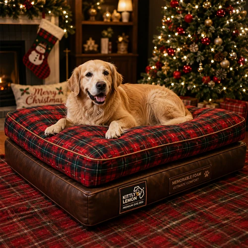 Luxury orthopedic memory foam leather dog bed with a two-layer design and festive red Scottish plaid Christmas cushion, providing premium comfort for large dogs in a cozy holiday home.