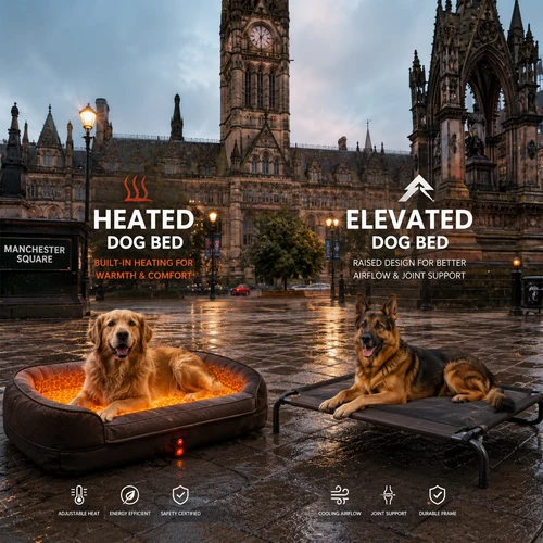 Comparison of a heated electric dog bed and an elevated raised dog bed in Manchester Square, featuring comfortable large dogs, orthopedic support, winter warmth, and breathable elevated sleeping design.