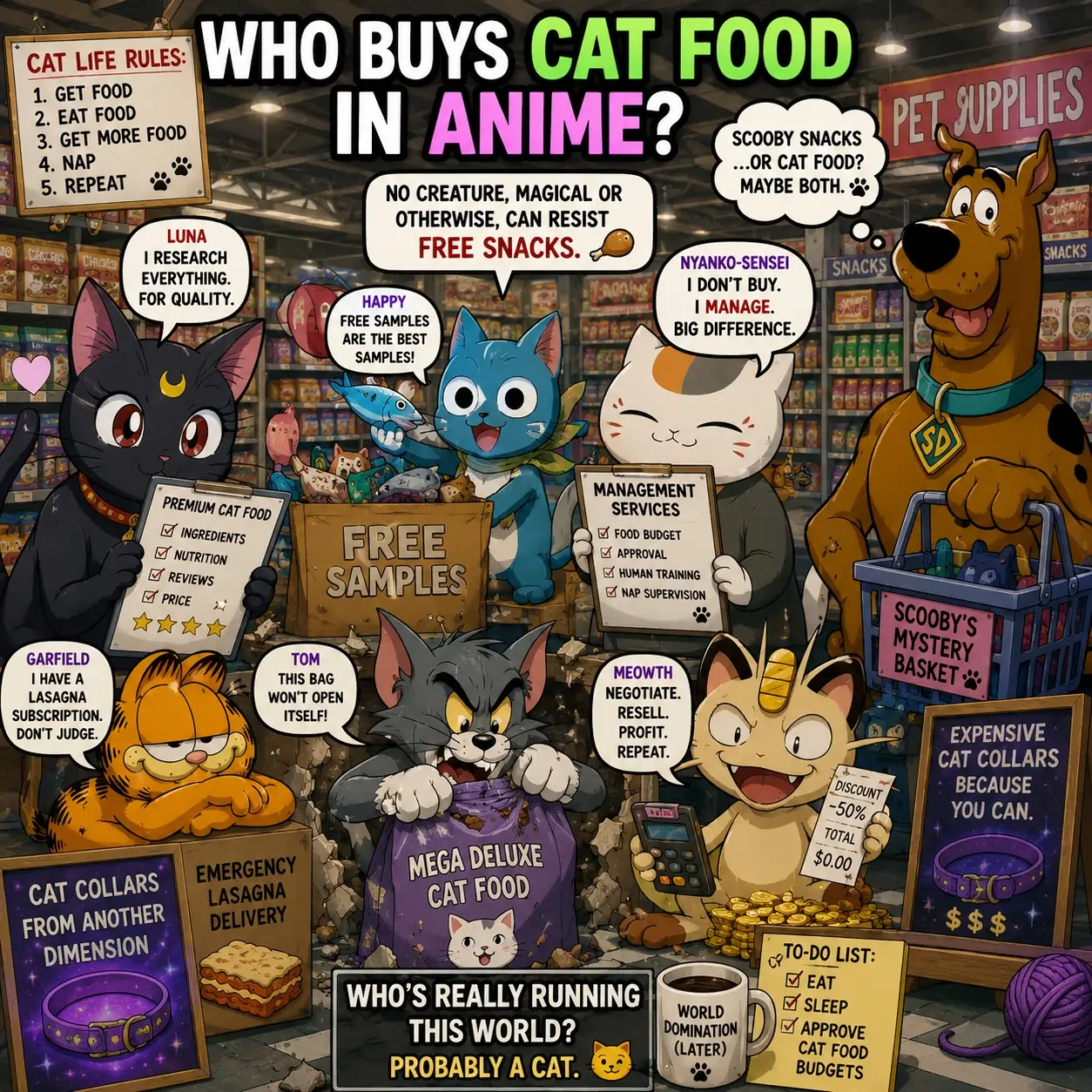 Funny illustration of anime and cartoon cats shopping for cat food, comparing pet supplies, and discussing snacks in a fictional pet store.