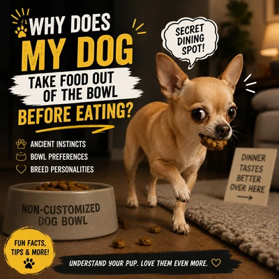 WHY DOES MY DOG SECRET DINING SPOT! TAKE FOOD OUT OF THE BOWL BEFORE EATING? Blog post for read cover Photo - Chihuahua puppy dog bowl