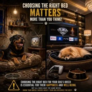 Split-screen poster showing two contrasting dog lifestyles. On the left, a happy Rottweiler puppy dog sits in a poor, worn-out room with old furniture and a small vintage TV, appearing joyful and content despite the simple environment. On the right, a sad-looking Pomeranian dog lies in a luxurious modern room filled with high-end furniture, a large TV, gaming console, and designer accessories, but appears emotionally unhappy. The image includes a warning-style message emphasizing that choosing the right bed for a dog’s breed is important for their happiness and well-being.