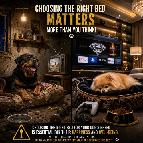 Split-screen poster showing two contrasting dog lifestyles. On the left, a happy Rottweiler puppy dog sits in a poor, worn-out room with old furniture and a small vintage TV, appearing joyful and content despite the simple environment. On the right, a sad-looking Pomeranian dog lies in a luxurious modern room filled with high-end furniture, a large TV, gaming console, and designer accessories, but appears emotionally unhappy. The image includes a warning-style message emphasizing that choosing the right bed for a dog’s breed is important for their happiness and well-being.