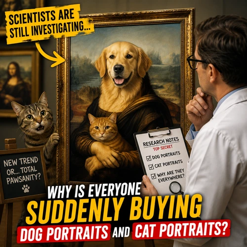 A humorous, scene inspired by the Mona Lisa, featuring a regal dog and a sophisticated cat posing as Renaissance portraits while people excitedly buy custom dog portraits and cat portraits. The playful artwork combines classic fine art with modern pet portrait trends, creating a fun, eye-catching image that matches the headline, "Scientists Are Still Investigating... Why Is Everyone Suddenly Buying Dog Portraits and Cat Portraits?"
