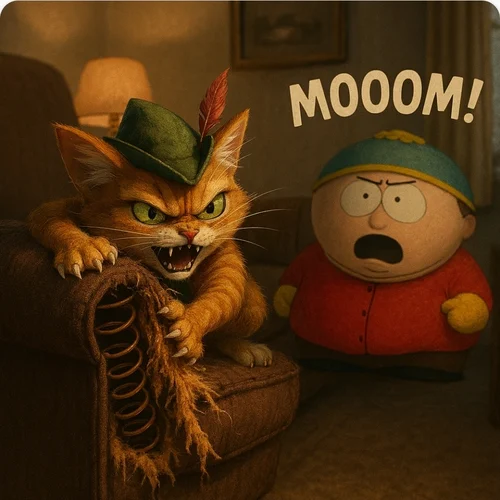 South park cartman kyle warns mom to avoid Robin hood's cute cat scratching bed furniture chair, animation