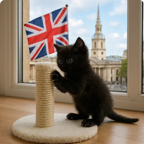tiny, adorable black kitten playfully scratching a soft white cat scratch post. The kitten looks curious and engaged as it tests its claws on the high-quality scratching surface. In the background, the Union Jack (United Kingdom flag) is visible, adding a decorative backdrop to the cozy indoor scene.