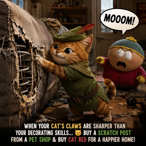 Cinematic illustration of a tiny but mischievous cat wearing a Robin Hood-style hat, aggressively scratching a couch until the springs are exposed, while a shocked child yells "Mooom!" in a small living room. A funny visual about cat scratching furniture, choosing a scratch post from a pet shop, and why it's smart to buy a cat bed to protect your sofa.