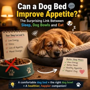 Sleep-deprived dog with puffy eyes resting on a soft orthopedic dog bed beside a dog food bowl, illustrating the connection between poor sleep quality, reduced appetite, and comfortable dog beds for healthier eating habits.