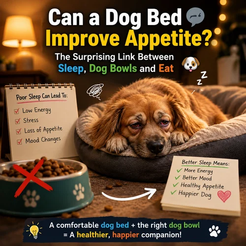 Sleep-deprived dog with puffy eyes resting on a soft orthopedic dog bed beside a dog food bowl, illustrating the connection between poor sleep quality, reduced appetite, and comfortable dog beds for healthier eating habits.