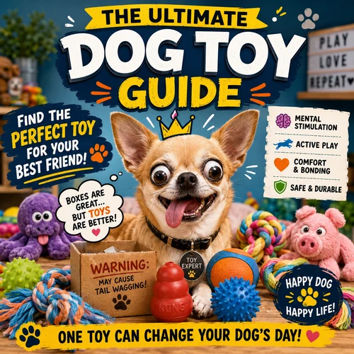 Funny wide-eyed Chihuahua surrounded by colorful dog toys including rope toys, rubber chew toys, plush toys and balls, smiling with its tongue out under the headline "The Ultimate Dog Toy Guide" in a bright, playful pet-themed room