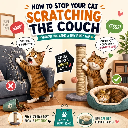 Funny cartoon illustration of a cat scratching a couch while another happy cat uses a scratch post and sleeps in a cozy cat bed. Learn how to stop cats from scratching furniture with a quality scratch post from a pet shop and buy cat bed solutions for a happier home.