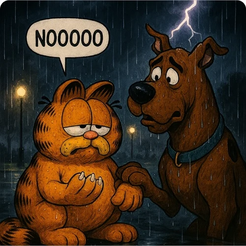 An overweight orange garfield cat with freshly trimmed claws looking down and crying "Noooo!" while a friendly Great Dane Scooby Doo comforts the cat in the rain under dark storm clouds. Wet park lights glow in the background, highlighting the emotional scene about cat claw trimming, protecting furniture, using a scratch post instead of declawing or over-trimming, and creating a cozy space with a comfortable cat bed.
