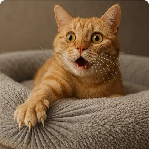 Close-up of an ultra-soft orthopedic cat bed that flexes and stretches as a cat presses its claws into the fabric, instead of tearing. The material smoothly deforms and returns to shape, showing extreme durability and comfort. In the background, a wide-eyed, surprised and delighted cat reacts in disbelief, amazed that such a bed can exist.
